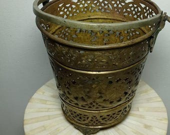 Antique Moroccan Brass Basket With Handle Handmade Pierced Metal Vintage Home Decor