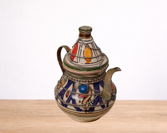 Antique Moroccan Ceramic Teapot With Metal Mounts Hand Painted Traditional Tea Pot