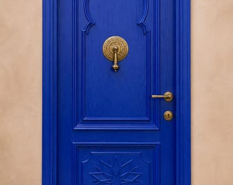 Custom Blue Moroccan Wooden Door, Hand Carved Cedar Entry Door for Interior Exterior Homes