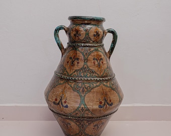 Large Antique Moroccan Hand Painted Ceramic Vase With Handles Blue Green Pottery Decor