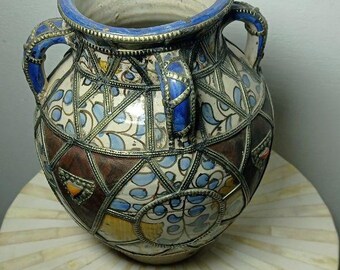 Antique Moroccan Enamel Ceramic Jar Two Handles Brass Wired Handmade Vintage Decor Collectible