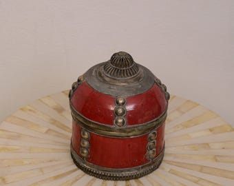 Antique Red Moroccan Wooden Box Vintage Handcrafted Jewelry Storage Decorative Lidded Container