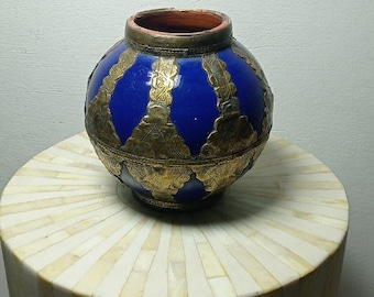 Antique Moroccan Blue Brass Vase Handmade Vintage Decor Collectible Home Accent Piece Oriental Rare