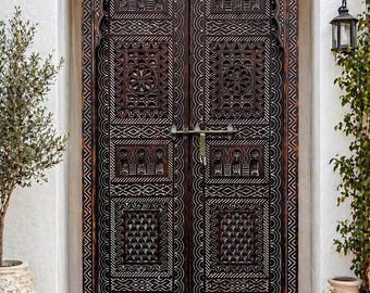 Puerta de madera marroquí hecha a mano / Entrada tallada a medida / Entrada para villa de lujo / Madera maciza de alta gama