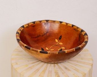 Antique Hand Carved Wooden Bowl With Inlay Folk Art Rustic Decorative Centerpiece