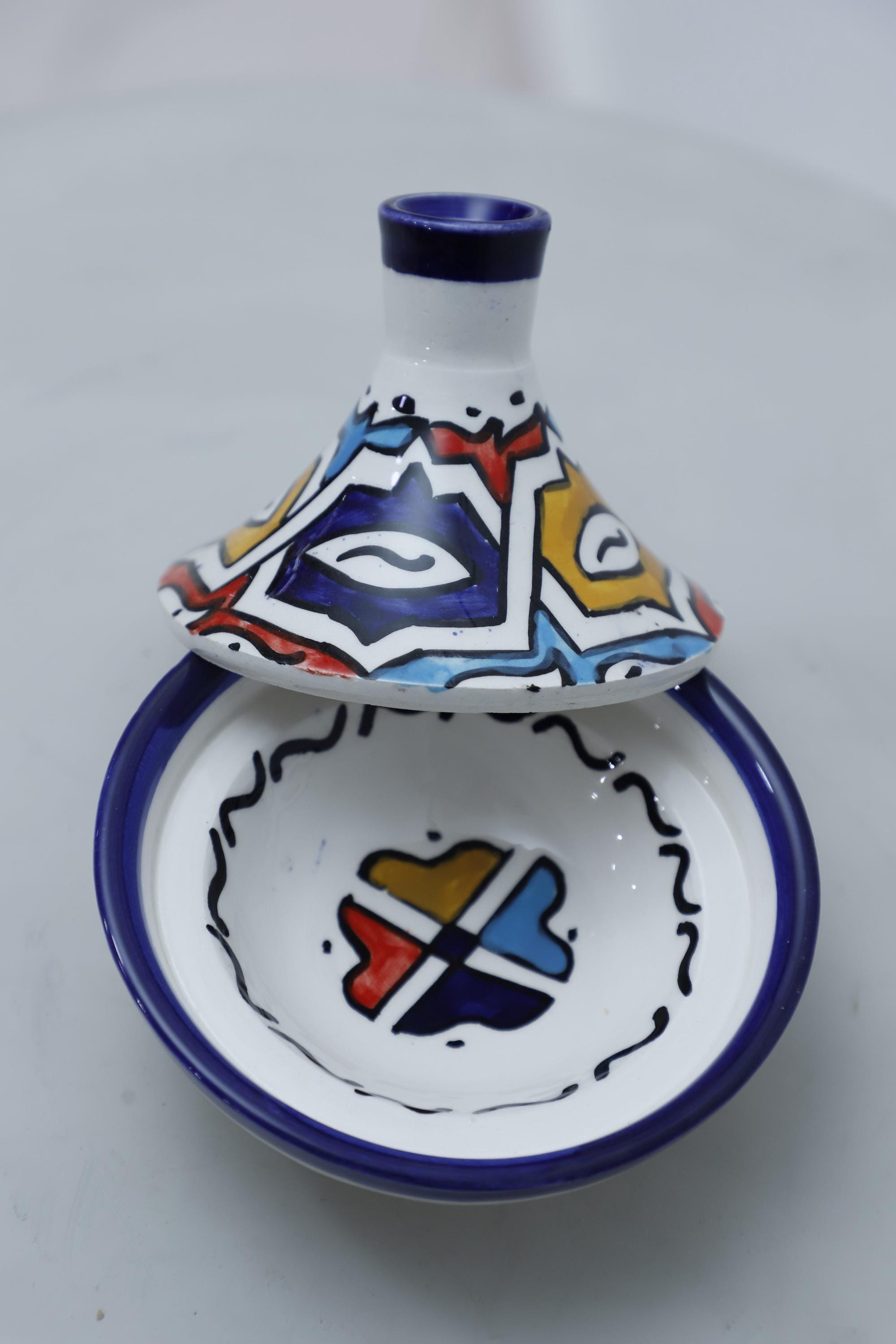 Mini plat à tajine fait main marocaine en céramique 10 x 10 décor de service coloré