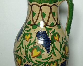Antique Hand Painted Moroccan Ceramic Pitcher Large Vintage Floral Grapes Vase Art