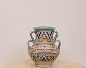 Antique Moroccan Hand Painted Ceramic Vase Vintage Pottery Four Handle Decorative Vessel