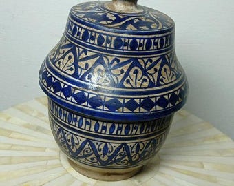Antique Moroccan Blue Ceramic Jar With Lid Handmade Vintage Storage Decor Collectible Rare