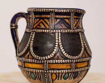 Antique Moroccan Hand Painted Ceramic Jug Vintage Pottery Decorative Pitcher Handle Vase