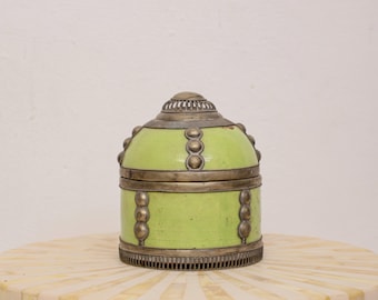 Antique Green Enamel Jewelry Box With Brass Details Vintage Decorative Storage Container