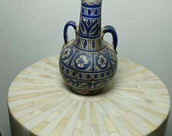 Antique Moroccan Blue Ceramic Vase Two Handles Narrow Neck Handmade Vintage Decor Collectible