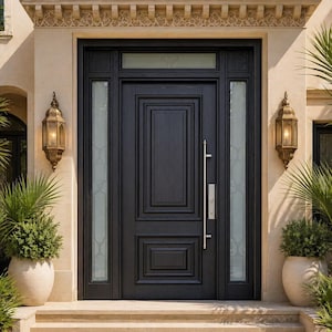 Puede incluir: Una puerta de entrada de madera negra con un diseño rectangular, flanqueada por dos paneles de vidrio estrechos. La puerta tiene un largo tirador plateado y está situada en una fachada de piedra beige. Las linternas decorativas y las plantas en macetas añaden atractivo a la entrada.