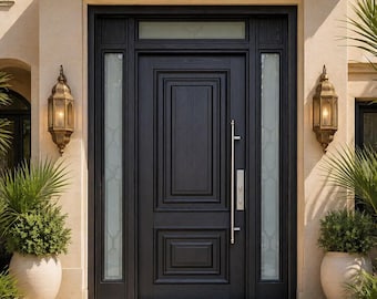 Modern Black Front Door, Luxury Wood Entry Door with Glass Sidelights, Contemporary Exterior Doors