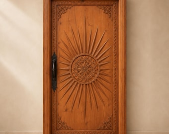 Handmade Moroccan Carved Wooden Door, Custom Moorish Riad Entryway Panel, Berber Sunburst Wall Decor
