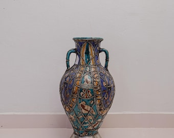 Antique Moroccan Two Handle Ceramic Vase Metal Wired Hand Painted Tribal Art