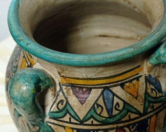 Antique Moroccan Ceramic Pot Small Hand Painted Double Handle Vintage Folk Art