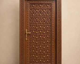 Handmade Moroccan Studded Wooden Door, Custom Moorish Riad Entryway, Geometric Brass Nailhead Panel Decor