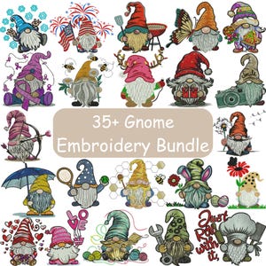May include: A collection of 35+ gnome embroidery designs. Each gnome is depicted in a unique pose, holding various objects like an umbrella, tennis racket, or a gift. The gnomes are in various colors, with the text "35+ Gnome Embroidery Bundle".