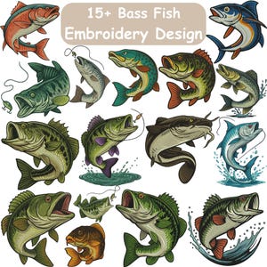 Könnte beinhalten: Eine Sammlung farbenfroher Bassfisch-Stickdesigns. Das Bild zeigt verschiedene Fischillustrationen in Grün-, Rot-, Blau- und Lilatönen. Der Text oben lautet "15+ Bass Fish Embroidery Design."