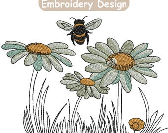 デイジービーの刺繍デザイン、ビーの刺繍、デイジーフラワーの刺繍、ミツバチの刺繍、春の刺繍、機械刺繍デザイン