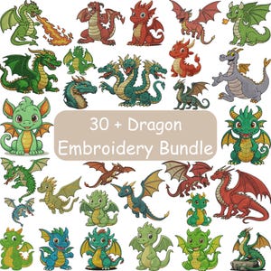 Peut inclure: Ensemble d'illustrations de dragons de dessins animés aux couleurs variées, dont vert, rouge et bleu, avec des ailes et différentes poses. Le texte "30 + Dragon Embroidery Bundle" est affiché au centre.