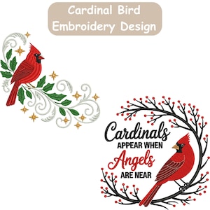 Puede incluir: Un diseño de bordado con dos ilustraciones de cardenales. Una muestra un cardenal rojo posado en una rama con hojas verdes y estrellas doradas. La otra tiene un cardenal con el texto "Cardinals Appear When Angels Are Near."