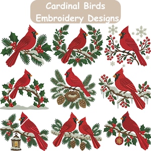 Op de afbeelding: Een verzameling van negen borduurontwerpen met felrode kardinaalvogels op besneeuwde dennentakken, hulst en bessen. De tekst bovenaan luidt Cardinal Birds Embroidery Designs. Elk ontwerp toont een vogel in een andere houding.