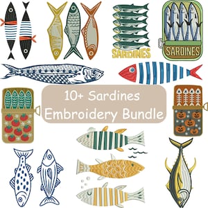May include: A collection of sardine-themed embroidery designs. The designs include various fish illustrations, sardine cans, and the text "Sardines." The designs feature a variety of colors, including blue, red, yellow, and green.
