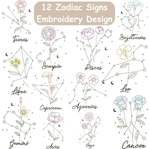 Zodiac Embroidery Design, 12 Signs of the Zodiac embroidery, Horoscope embroidery, Astrology embroidery, Machine embroidery design