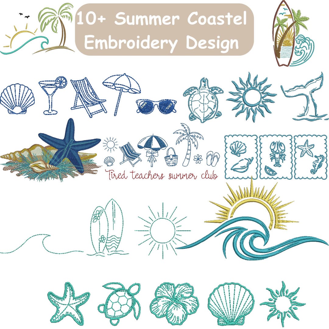 Summer Coastal Embroidery Design Bundle, Beach Ocean Line Art,sea ...