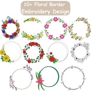 Floral Border Embroidery Design Bundle, Round Flower Frame Machine Embroidery Files dst pes jef vp3 sew xxx hus 4x4 5x7 7x7