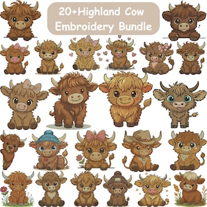 Puede incluir: Una colección de vacas de las Tierras Altas de dibujos animados en varias poses, algunas con lazos, sombreros y flores. La imagen incluye el texto "20+ Highland Cow Embroidery Bundle". Las vacas son marrones y tostadas con ojos grandes y cuernos.