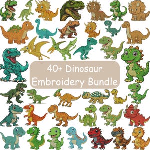 Könnte beinhalten: Eine Sammlung farbenfroher Cartoon-Dinosaurier-Illustrationen. Das Bild zeigt verschiedene Dinosaurier in verschiedenen Posen und Farben, darunter Grün, Orange, Blau und Rot. Der Text im Bild lautet "40+ Dinosaur Embroidery Bundle."