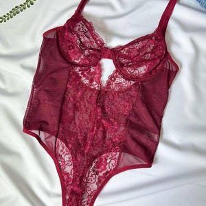 Burgundy Lace Bodysuit – Romantic Sheer One-Piece Lingerie with Underwire | Valentine Intimate by UndieJoy