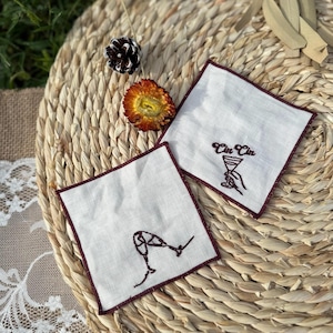 Personalized Embroidered Linen Cocktail Coasters Napkins, Santé Cin Cin Cheers Custom Cocktail Napkins Housewarming Gift,Wedding Party Gift