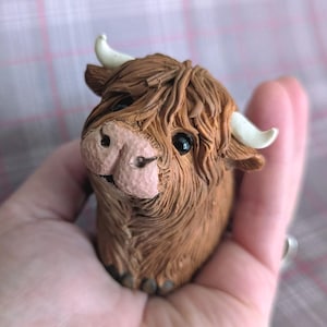 May include: A detailed, brown Highland cow figurine with a shaggy coat, small white horns, and a pink nose. The cow has black eyes and is held in a hand. The figurine is a miniature sculpture, likely for display or collection.
