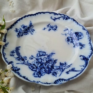 May include: White ceramic plate with a blue floral design. The plate has a scalloped edge and is decorated with blue flowers and foliage. A sprig of white flowers is in the background.