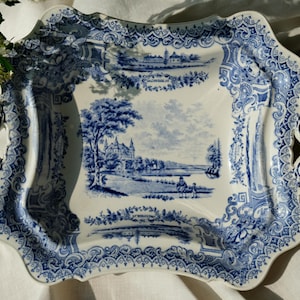 Antique Swedish Rörstrand Porcelain Pedestal Tray Bowl Blue Transferware Svenska Slott Castle Pattern Decor Bowl