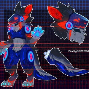 May include: A digital character reference sheet featuring a dark-furred creature with red and blue glowing accents, a robotic visor, and paw pads. The illustration includes a full-body front view, a side view, a headshot, and a separate tail detail.