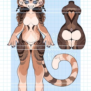 Puede incluir: Ilustración digital de un diseño de personaje peludo con una combinación de colores marrón y beige. El personaje tiene orejas grandes, ojos azules y una cola a rayas. También se muestra una segunda vista de la espalda del personaje. El diseño incluye el texto "DESIGN BY @JONAFENITY" y "SIMPSOLSDESIGNS @ ETSY".