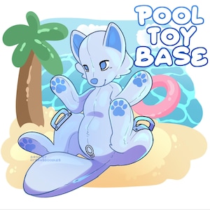 Może przedstawiać: Ilustracja jasnoniebieskiej postaci z kreskówki z niebieskimi akcentami, łapami i uszami, siedzącej na podstawie zabawki do basenu. Obraz zawiera różowy nadmuchiwany pierścień, palmę i tekst "POOL TOY BASE".