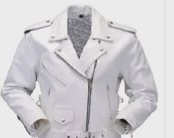 May include: A white leather motorcycle jacket with a zipper closure, a belt, and a zippered pocket on the left side.