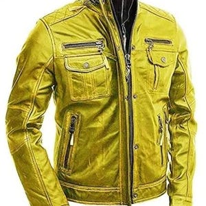 Mens Yellow Vintage Classic Biker Motorcycle Brando Style Cafe Racer Distressed Genuine Goatskin Leather Jacket