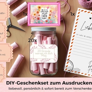 Geschenk im Glas , Geschenk Freundin zum Ausdrucken, Printable Geschenkset, Gutschein Karten, Freundschaftsposter Brief, digitales Geschenk