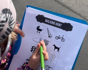 Kids Hunt, activates for kids, 5 Scavenger Hunt Sheets: grocery hunt, walking hunt, camping hunt and beach hunt.