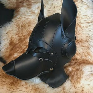 Puppy Play Dog Hood Mask Strap Slave Pup Role Fetish Animal black leather mask