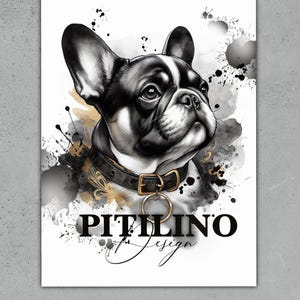 Puede incluir: Ilustración en blanco y negro de un Bulldog Francés con un collar dorado y un collar de cuero negro. El perro está mirando hacia arriba y tiene una mancha blanca en el pecho. El fondo es una acuarela de color negro y dorado.