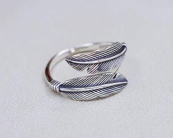 Vintage Feather S925 Silver Adjustable Ring - Hip Hop Edgy Statement ring