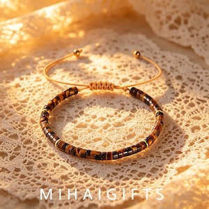 Tiger Eye Beaded Bracelet, Adjustable Boho Woven Natural Stone Stackable Bracelet, 16.5-28cm